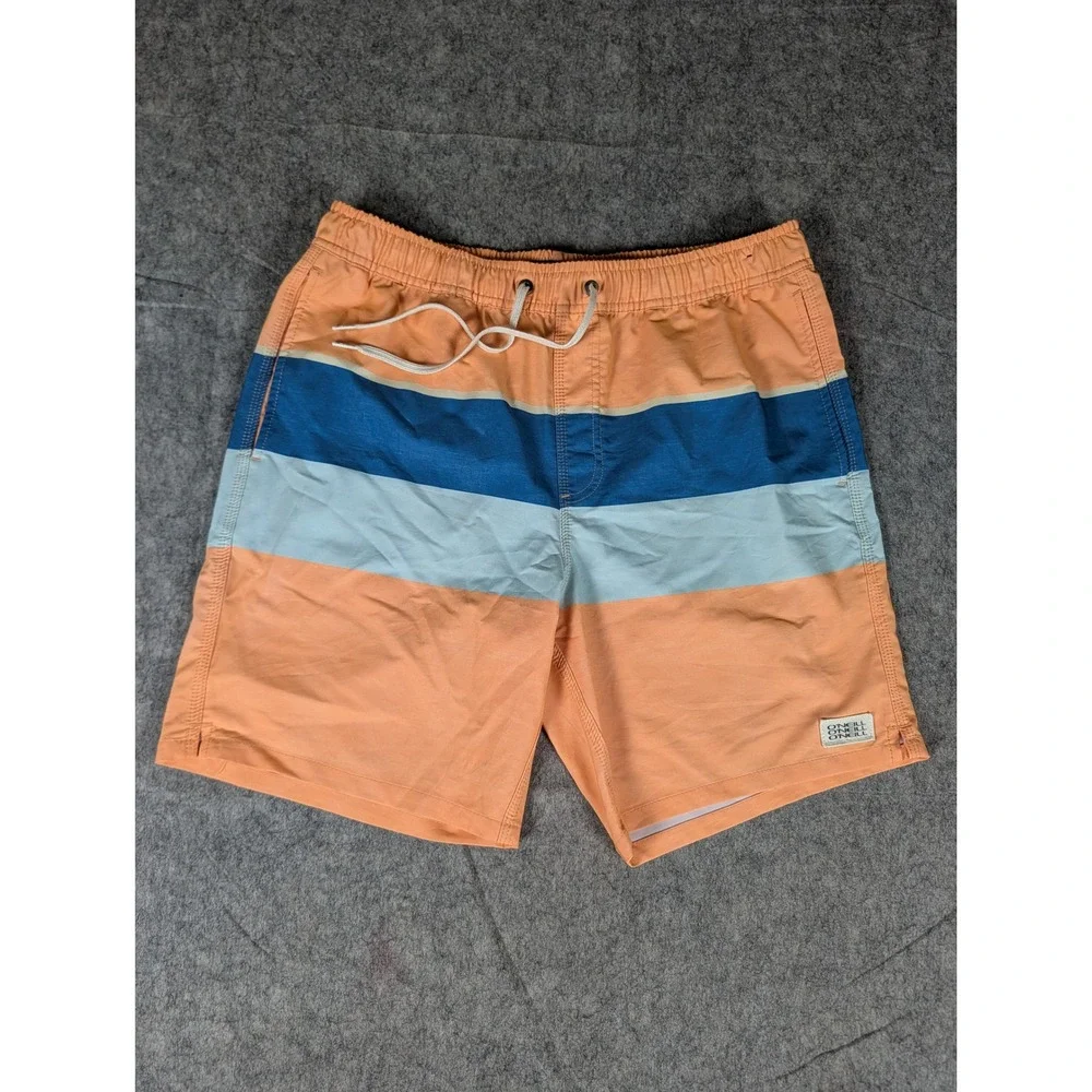 ONeill Mens Colorblock Swim Trunks Orange Blue Striped Board Shorts Mesh Lined